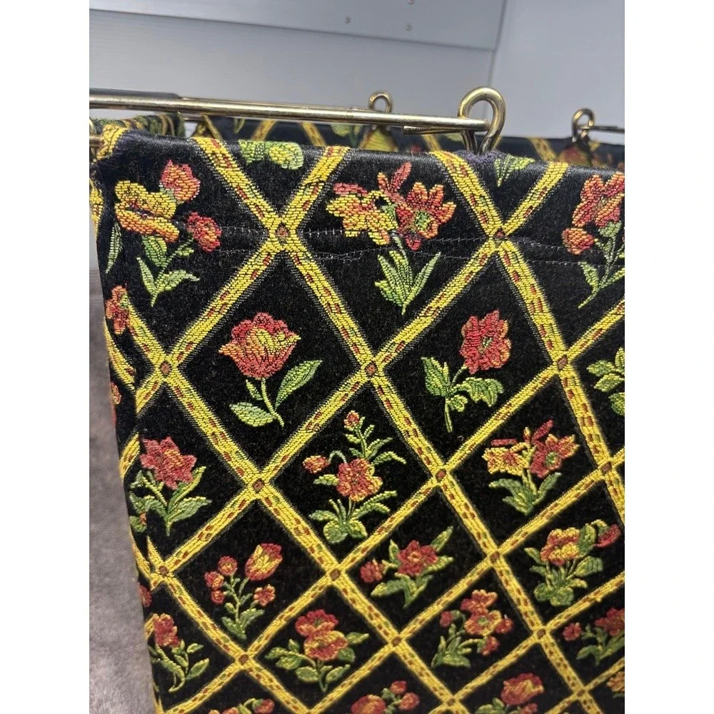 Vintage Tapestry Knitting Bag Black Floral Diamond Trellis Metal Frame Tote